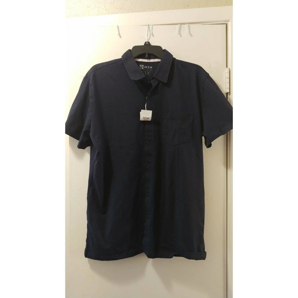 H2H MEN'S Fresh Button Down Shirt, Blue 100% Cotton, sz L pit-t-pit 23 L30